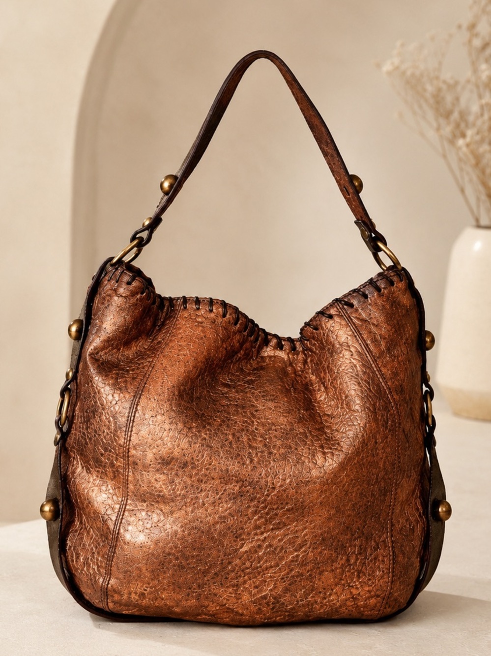 Paolo Masi Italy Metallic Bronze Leather Hobo Shoulder bag